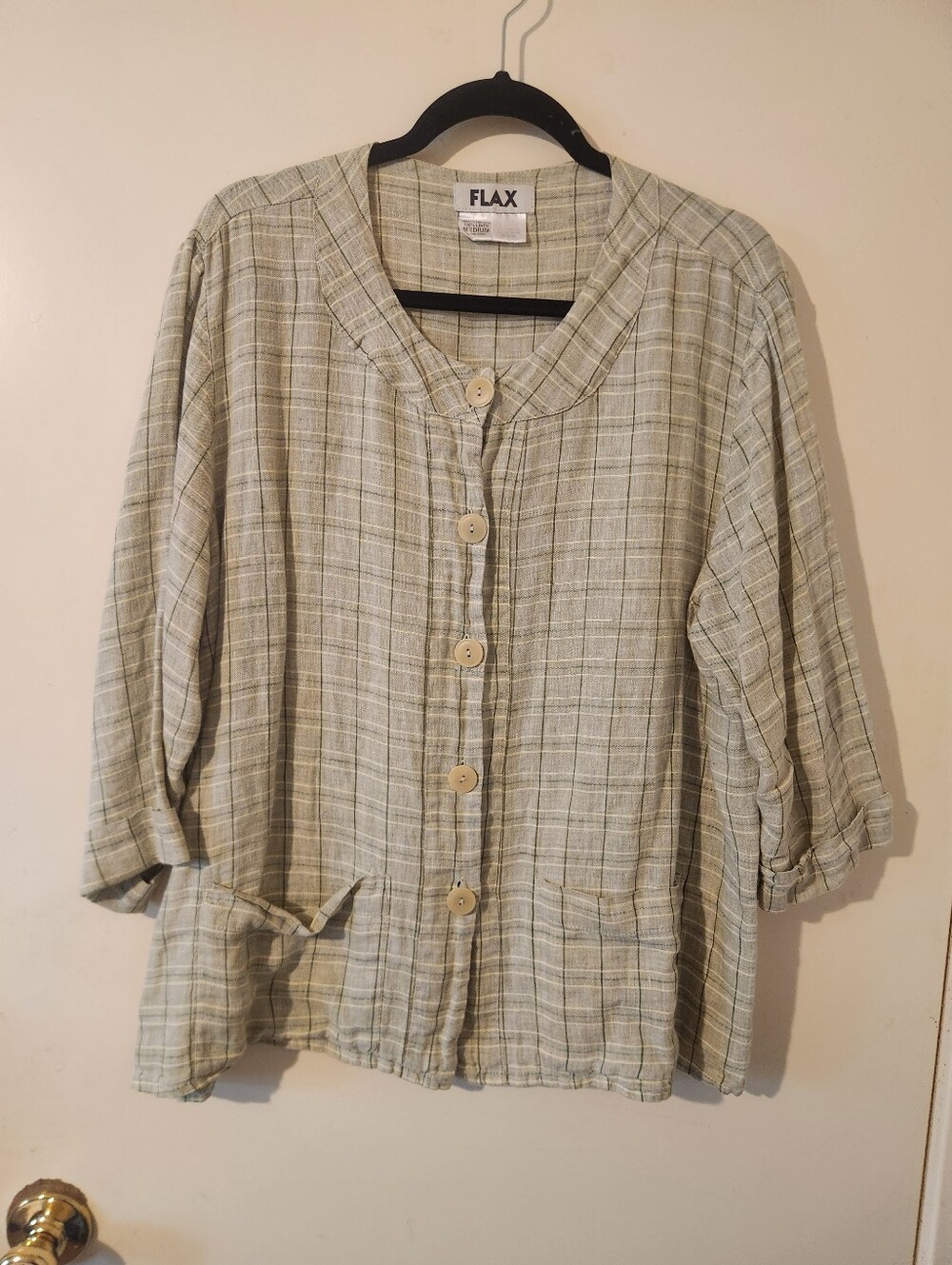 Flax Green Plaid Linen Button Front Top